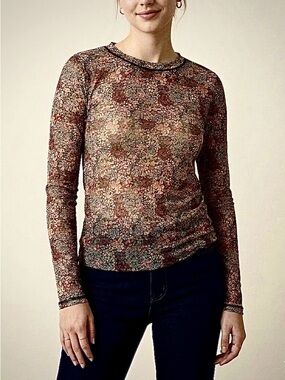 Stitch & Pine Floral Mesh Long Sleeve Top | Sheer Boho Y2K Layering | Jr Size L